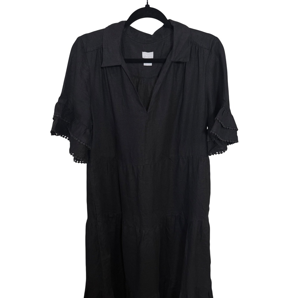 Chicos Black 100% Linen Tiered Maxi Dress Sz 1 US 8/10 Crochet Trim Short Sleeve - Picture 3 of 7